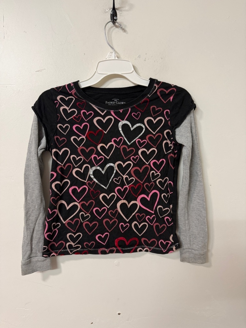 Faded Glory Kids Black Heart Print Layered-Look Long Sleeve Top Y2K